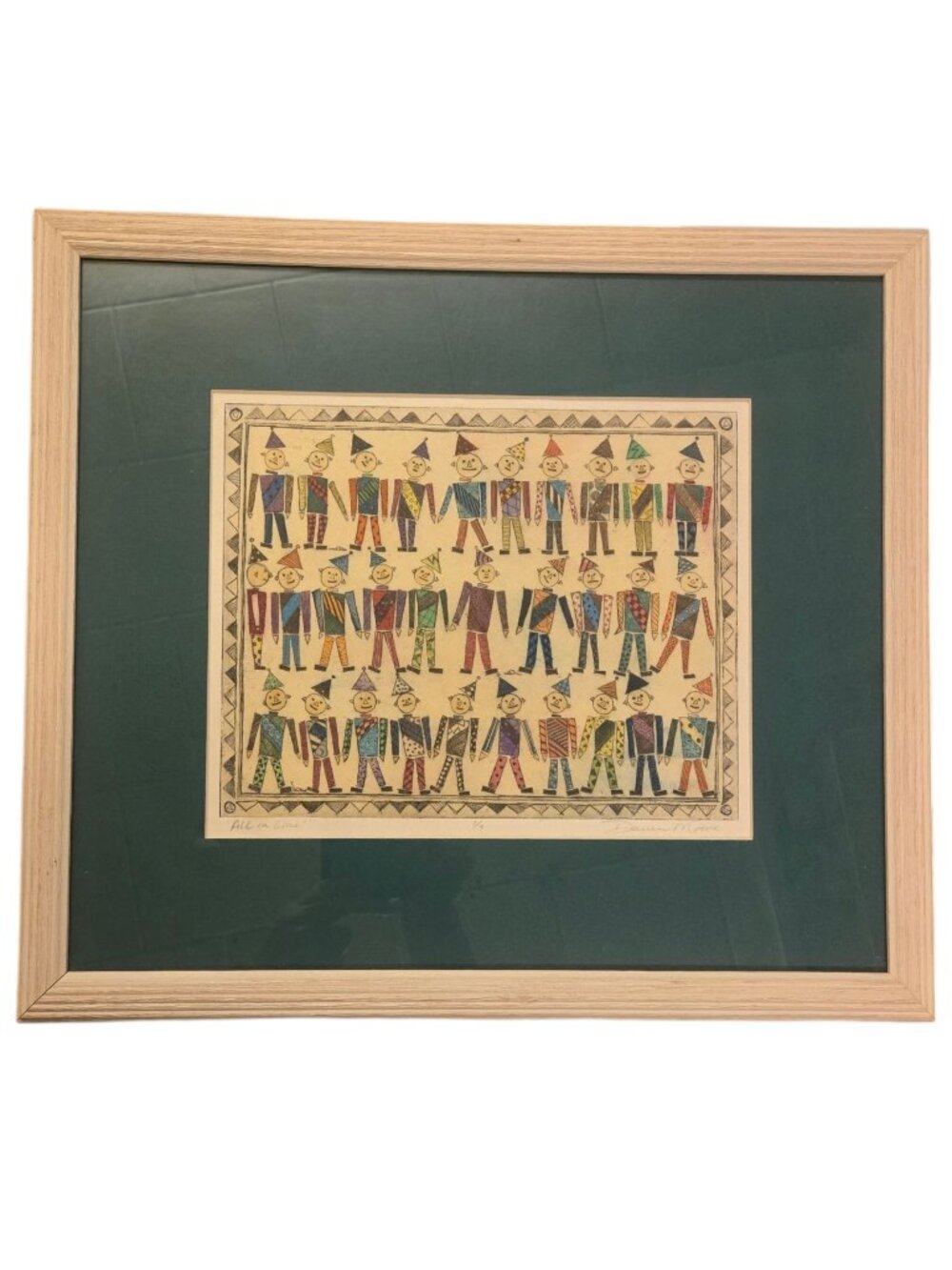 Whimsical All In Line Framed Wall Art Print Signed Party Dunce Hats Vintage